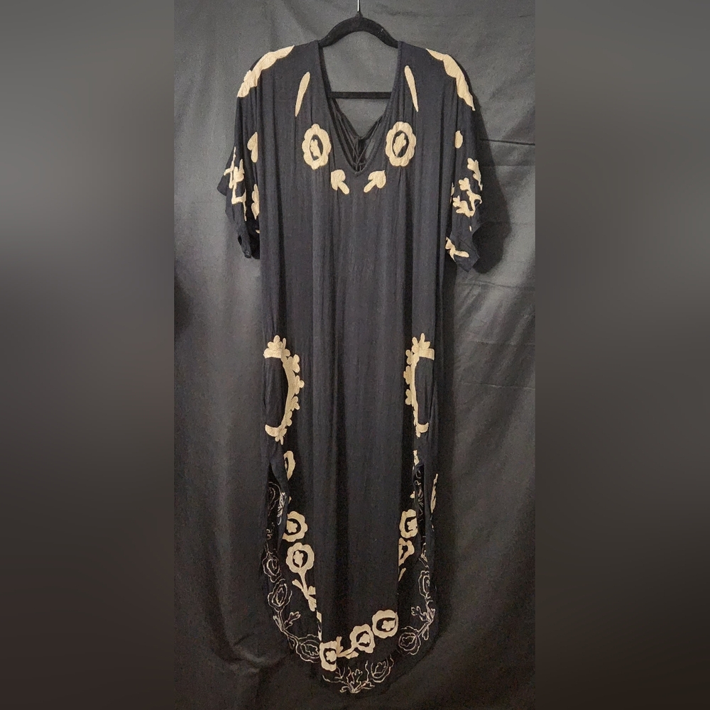RARE Free People Black Maxi Dress with Cream Floral Embroidery - Picture 12 of 14